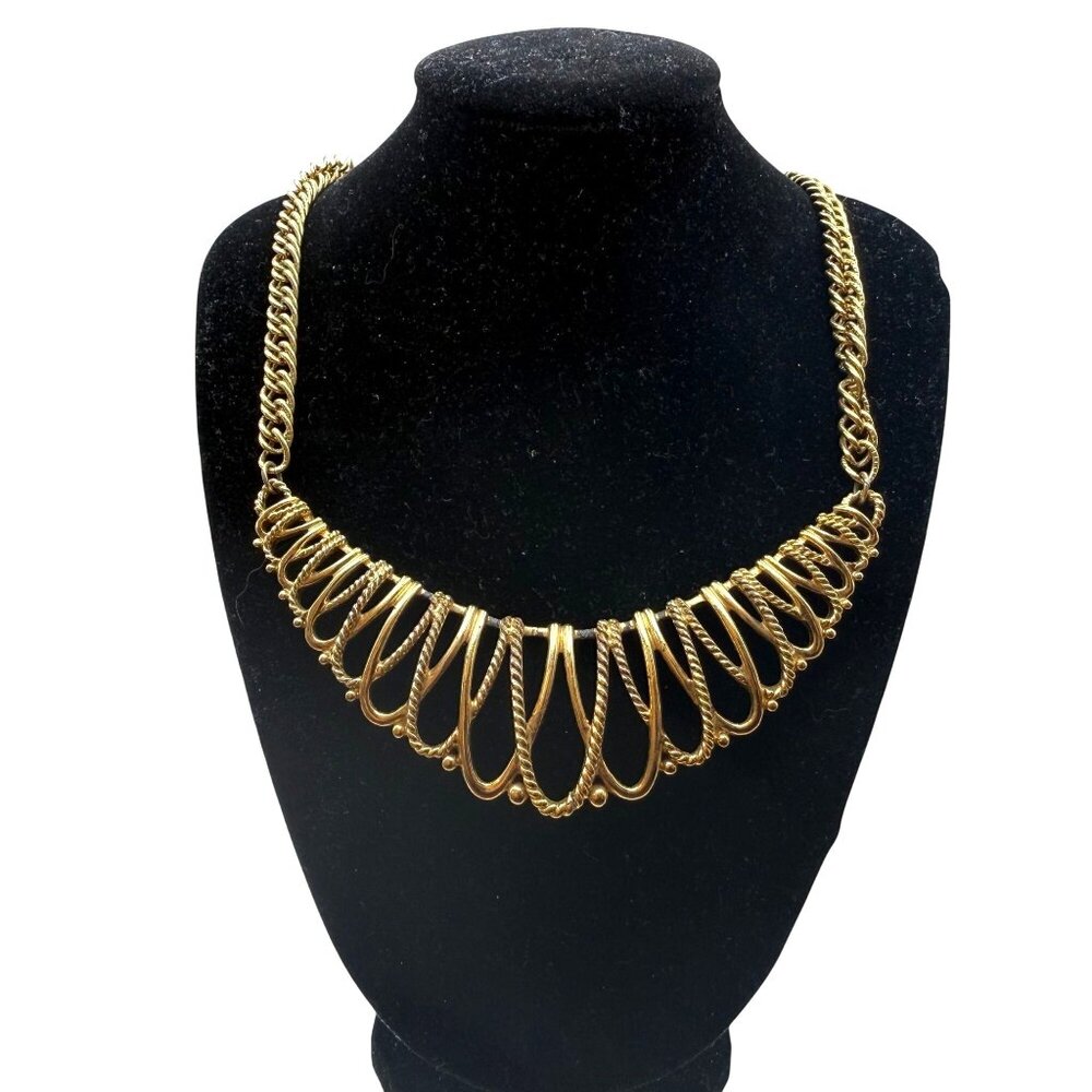 Gold Tone Wire Fringe Bib Necklace Chunky Statement Vintage Style